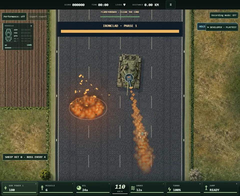 Combat Overdrive boss battle with a flamethrower