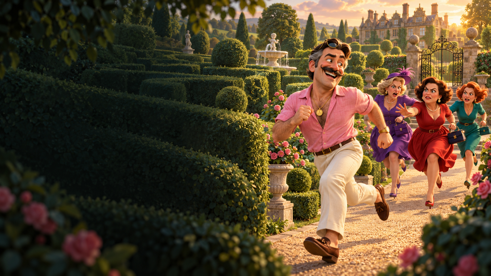 Studman and his admirers in a lush ornamental garden
